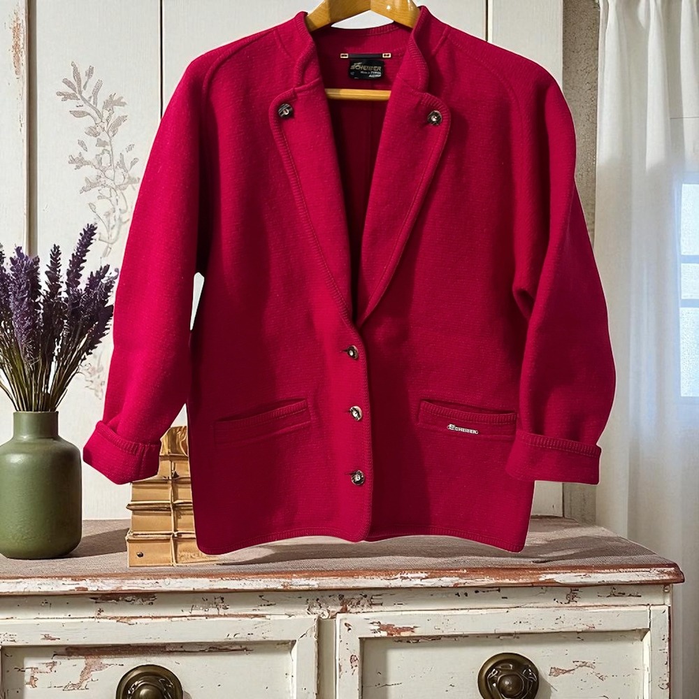 Sigi Scheiber‎ Austria Red Boiled Wool Blazer Cardigan Sweater Jacket Large
